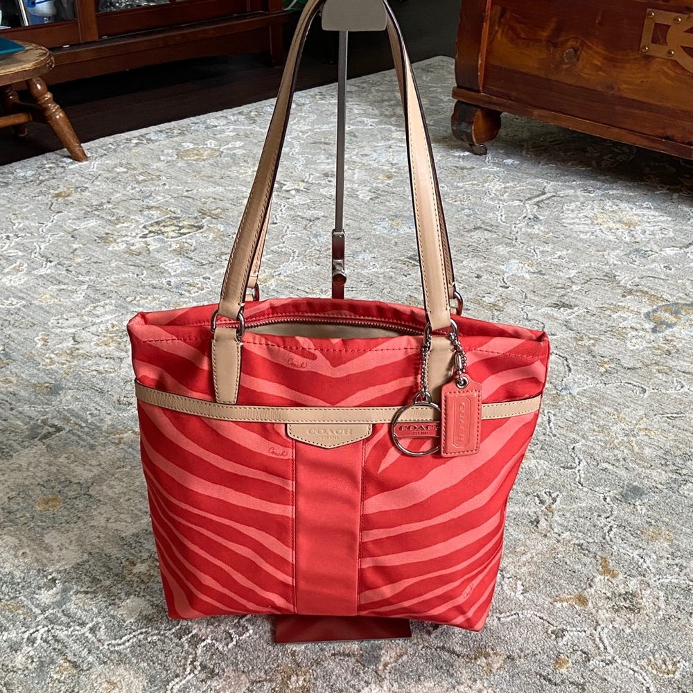 Coach 2013 Orange-Peach Zebra Print Canvas Tote with Leather Trim F23283